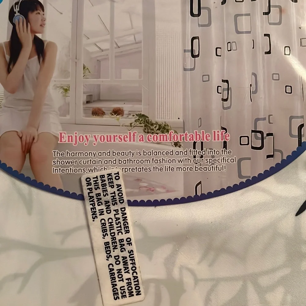 black tree silhouette on white shower curtain 72” x 72“ with curtain rings-NIB